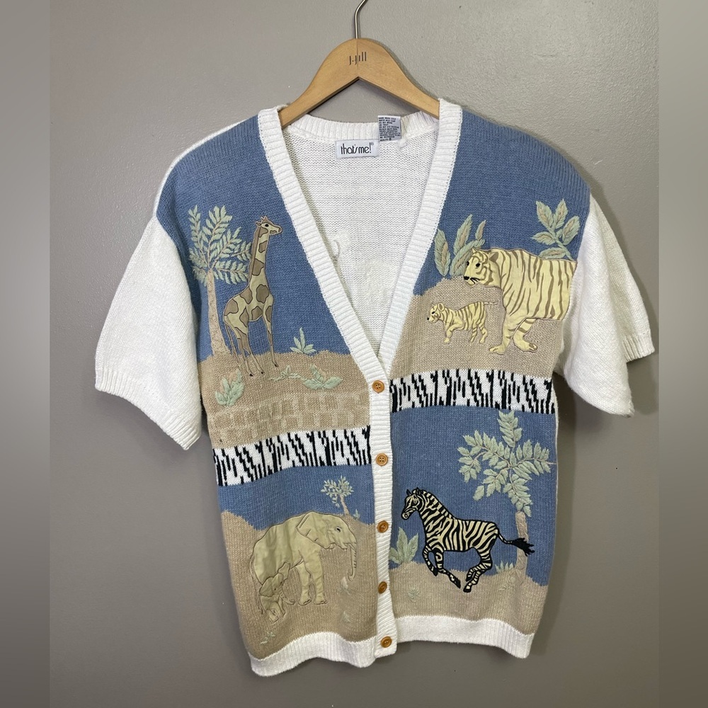 Vintage 80s Embroidered safari Cardigan Sweater Short Sleeve Women L Grandmacore